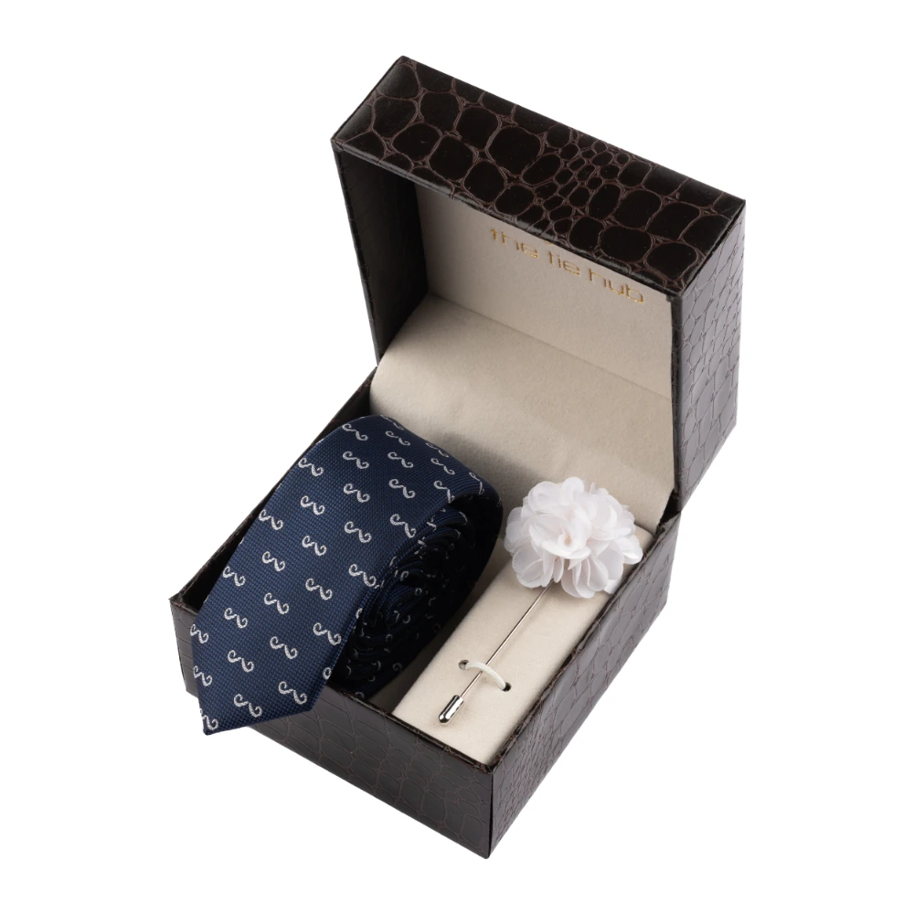 Blue Moustache Necktie with Flower Lapel Pin Combo Set for Men