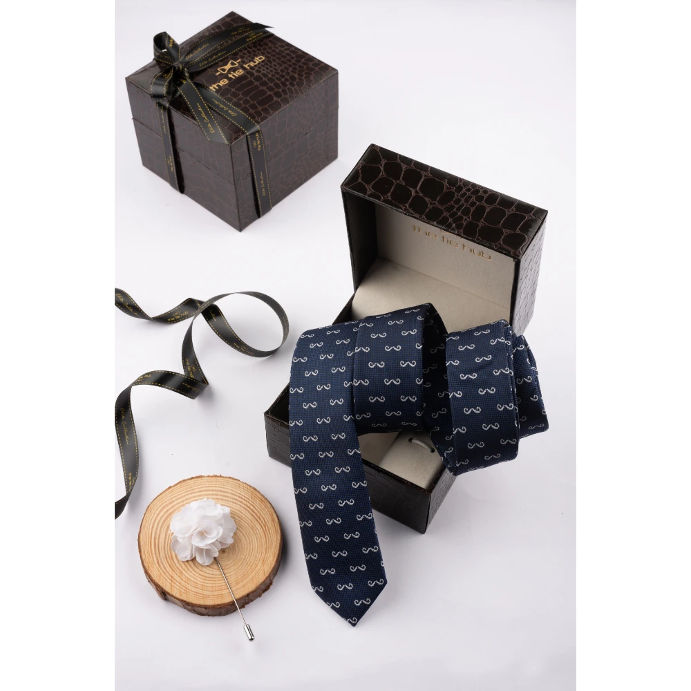 Blue Moustache Necktie with Flower Lapel Pin Combo Set for Men