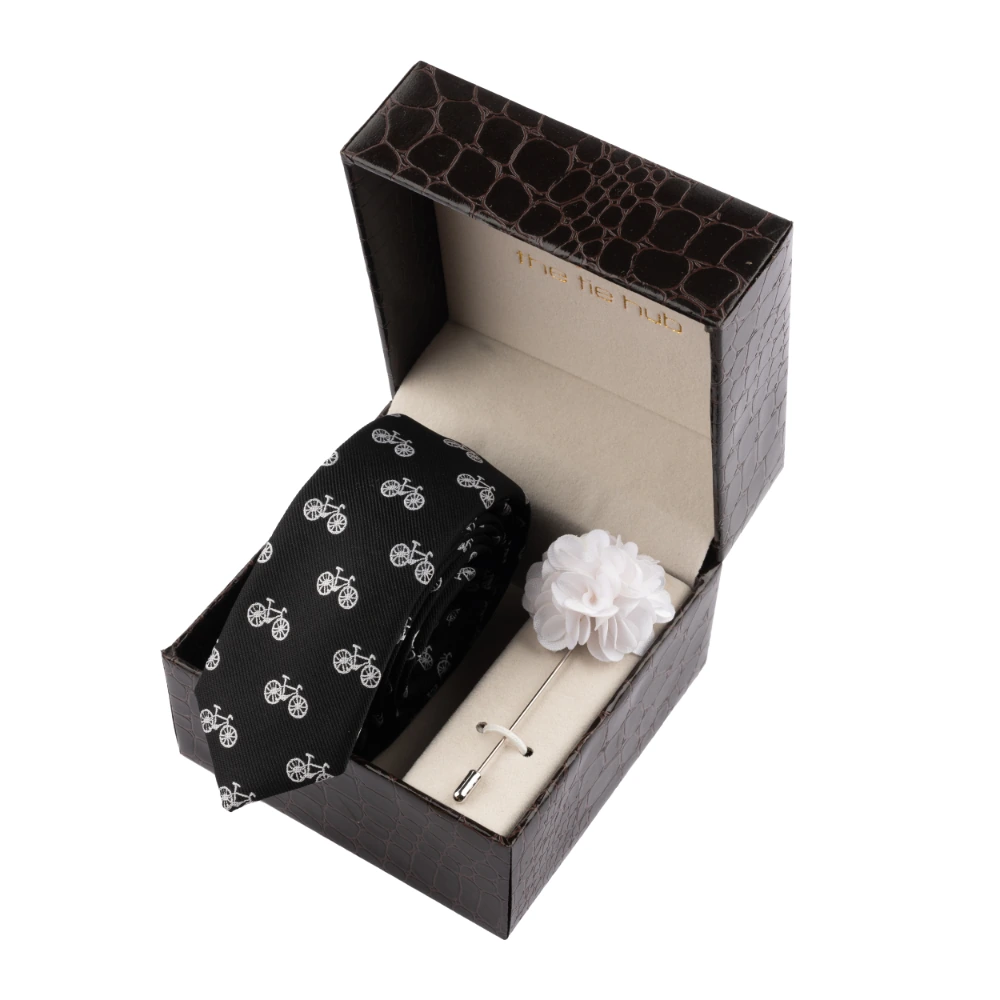 Black Slim Necktie with Flower Lapel Pin Combo Set for Men