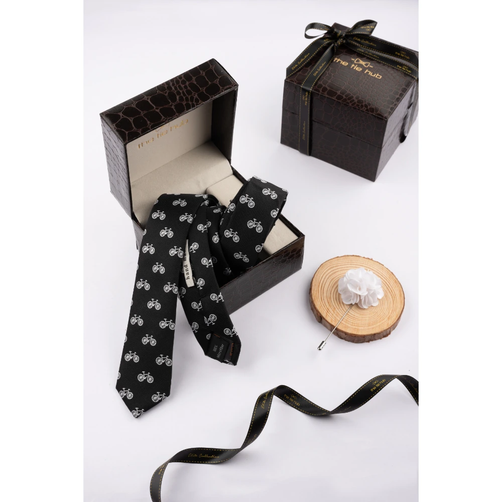 Black Slim Necktie with Flower Lapel Pin Combo Set for Men