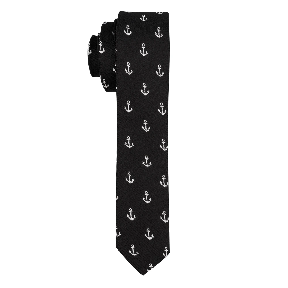 Black Anchor Necktie with Flower Lapel Pin Combo Set for Men