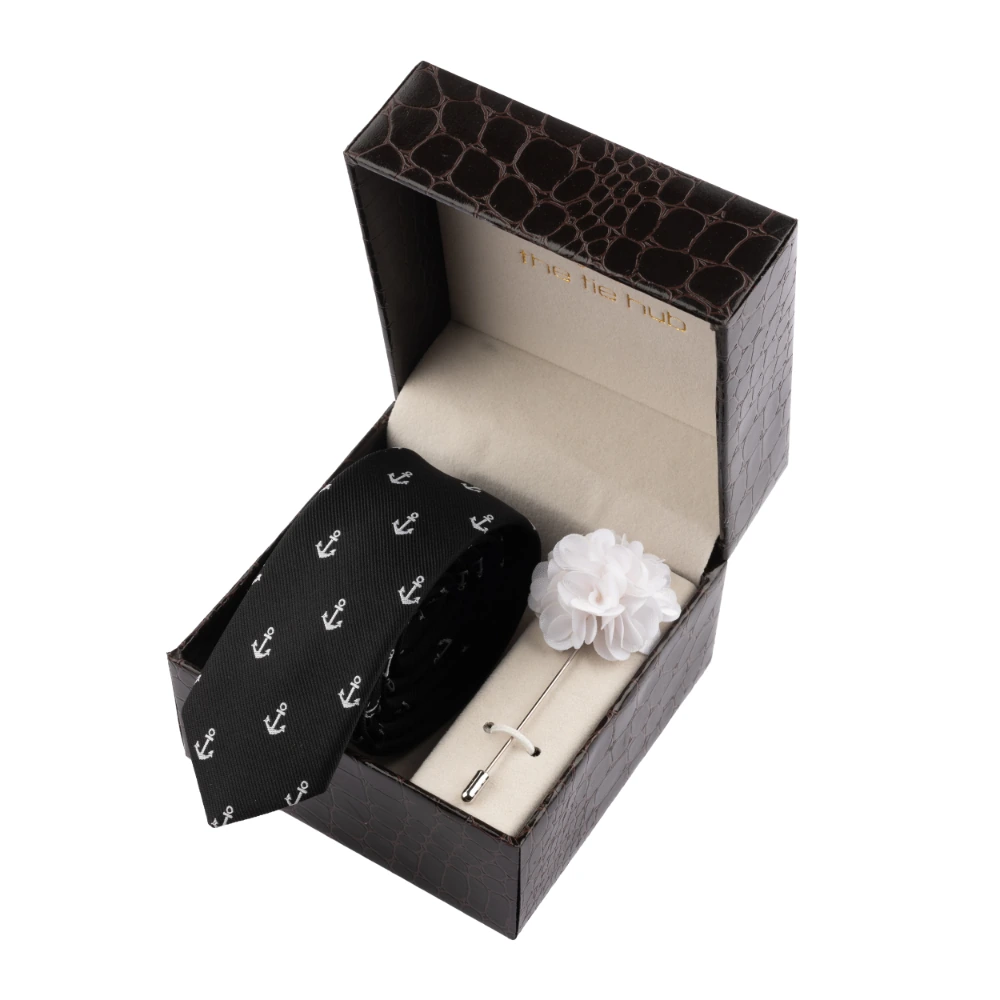 Black Anchor Necktie with Flower Lapel Pin Combo Set for Men