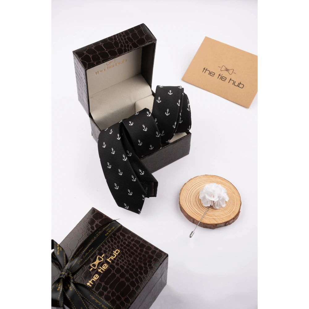 Black Anchor Necktie with Flower Lapel Pin Combo Set for Men