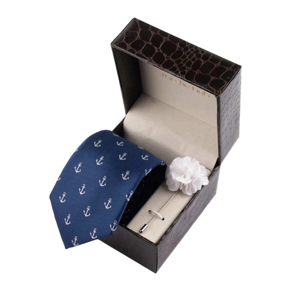 Blue Anchor Necktie with Flower Lapel Pin Combo Set for Men