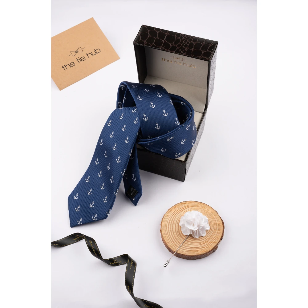 Blue Anchor Necktie with Flower Lapel Pin Combo Set for Men