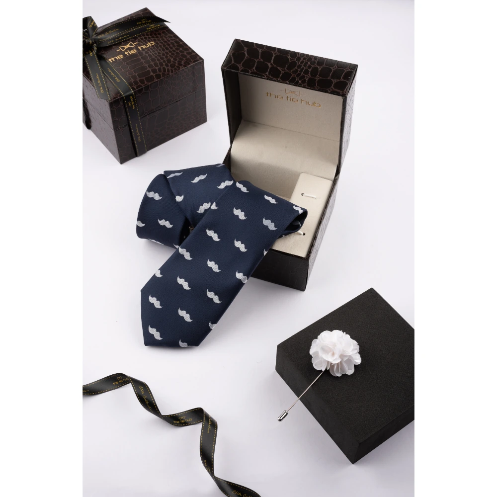 Blue Necktie with Flower Lapel Pin Combo Set for Men