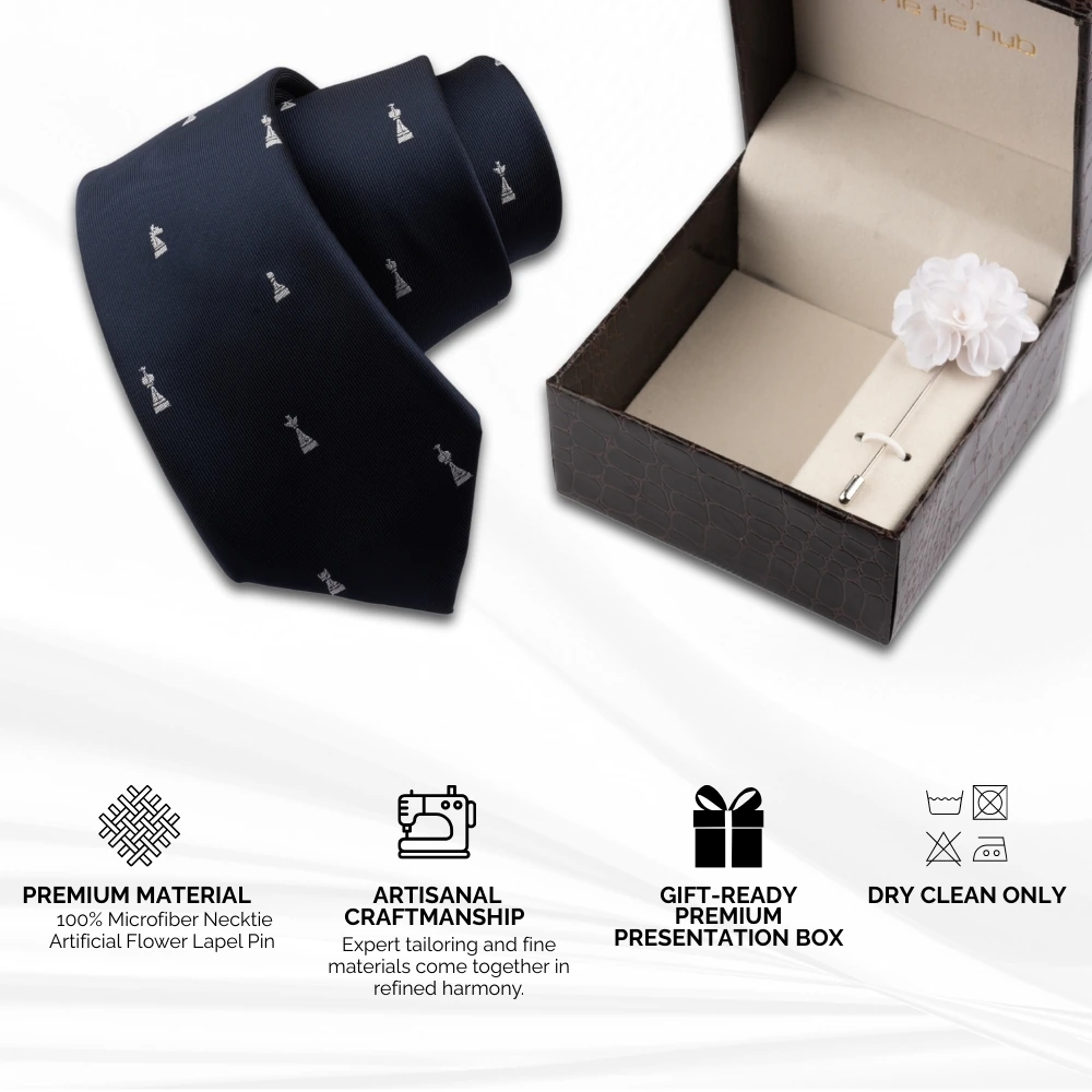Blue Chess Necktie with Flower Lapel Pin Combo Set for Men