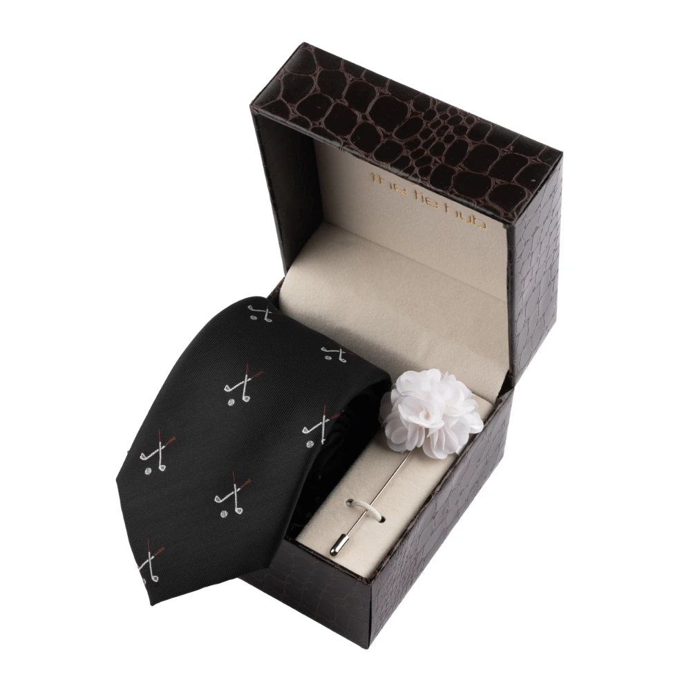 Black Golf Necktie with Flower Lapel Pin Combo Set for Men