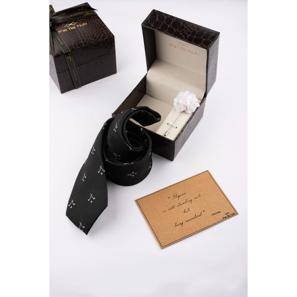 Black Golf Necktie with Flower Lapel Pin Combo Set for Men