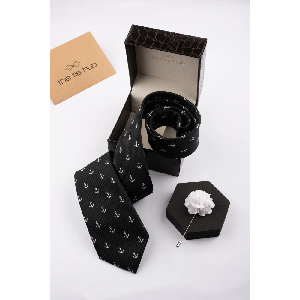 Black Anchor Necktie with Flower Lapel Pin Combo Set for Men