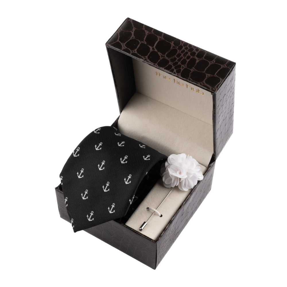 Black Anchor Necktie with Flower Lapel Pin Combo Set for Men