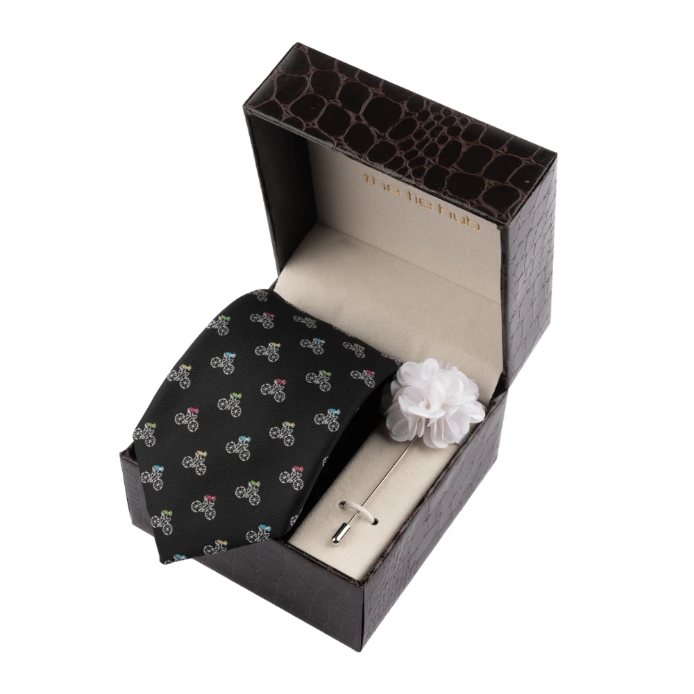 Black Bicycle Necktie with Flower Lapel Pin Combo Set for Men