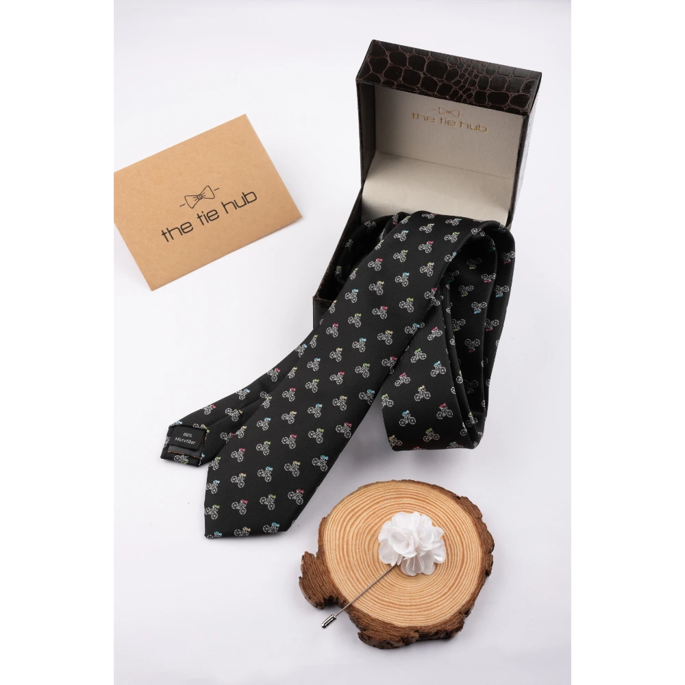 Black Bicycle Necktie with Flower Lapel Pin Combo Set for Men