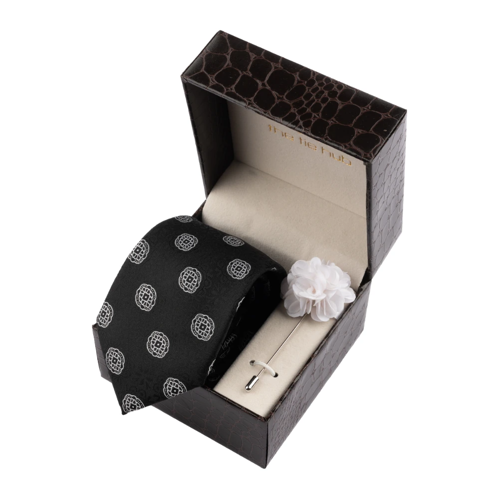 Black Delisa Necktie with Flower Lapel Pin Combo Set for Men