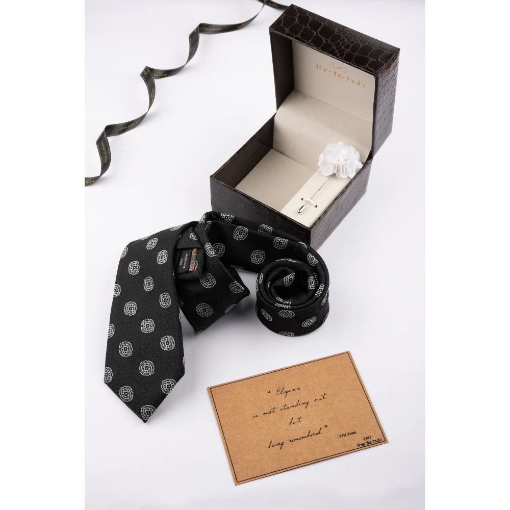 Black Delisa Necktie with Flower Lapel Pin Combo Set for Men