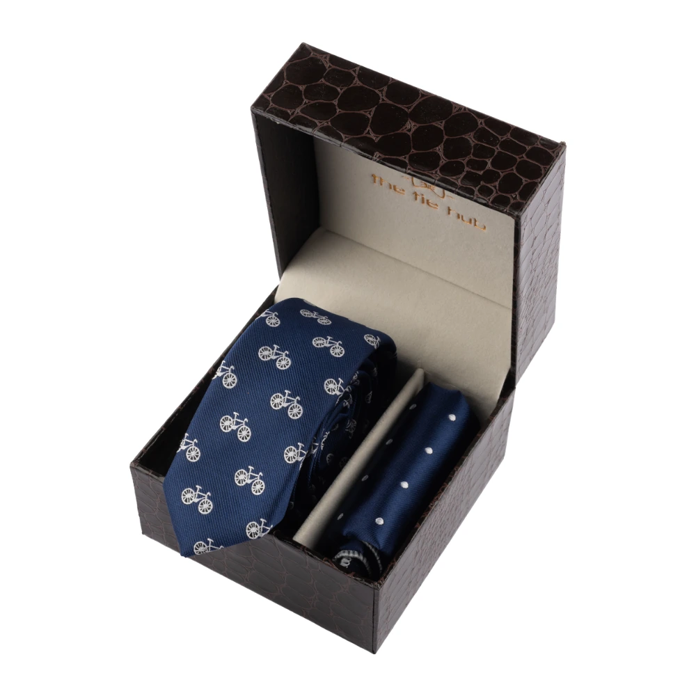 Blue Bicycle Necktie with Pocket Square Combo Set for Men