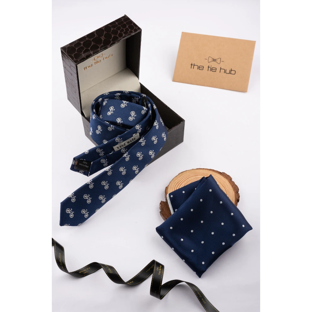 Blue Bicycle Necktie with Pocket Square Combo Set for Men
