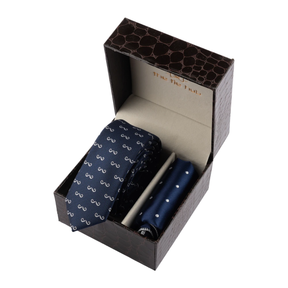 Blue Moustache Necktie with Pocket Square Combo Set for Men