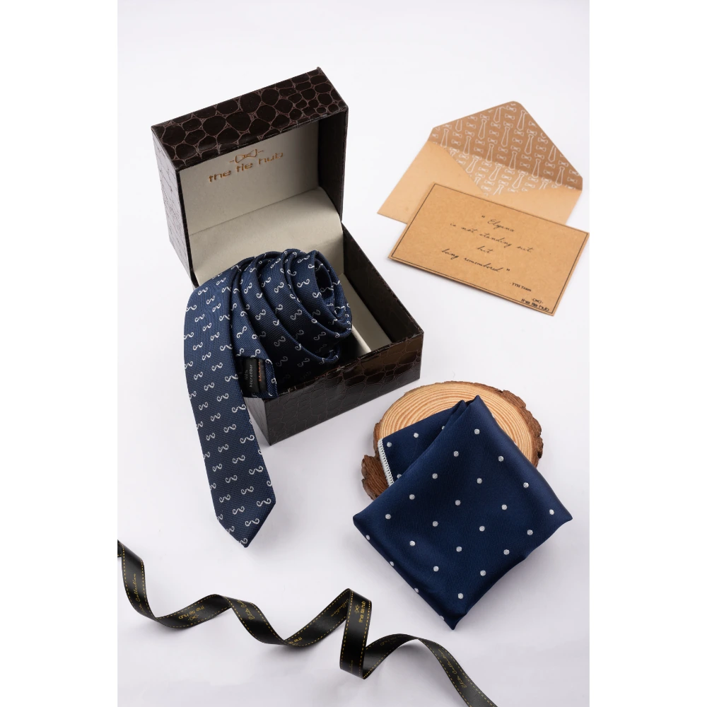 Blue Moustache Necktie with Pocket Square Combo Set for Men