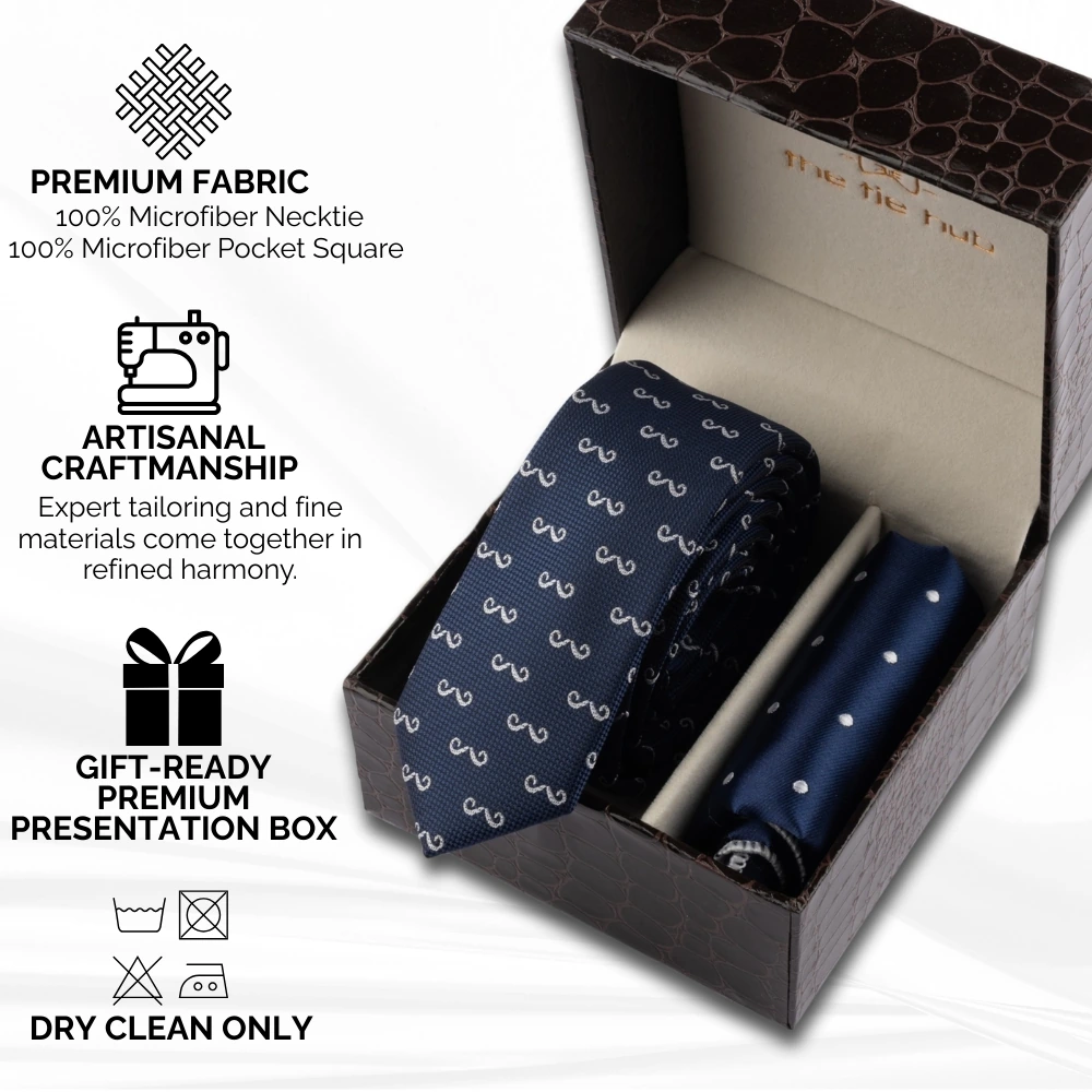 Blue Moustache Necktie with Pocket Square Combo Set for Men
