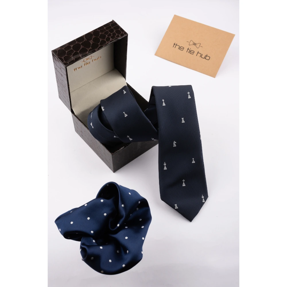 Blue Chess Necktie with Pocket Square Combo Set for Men