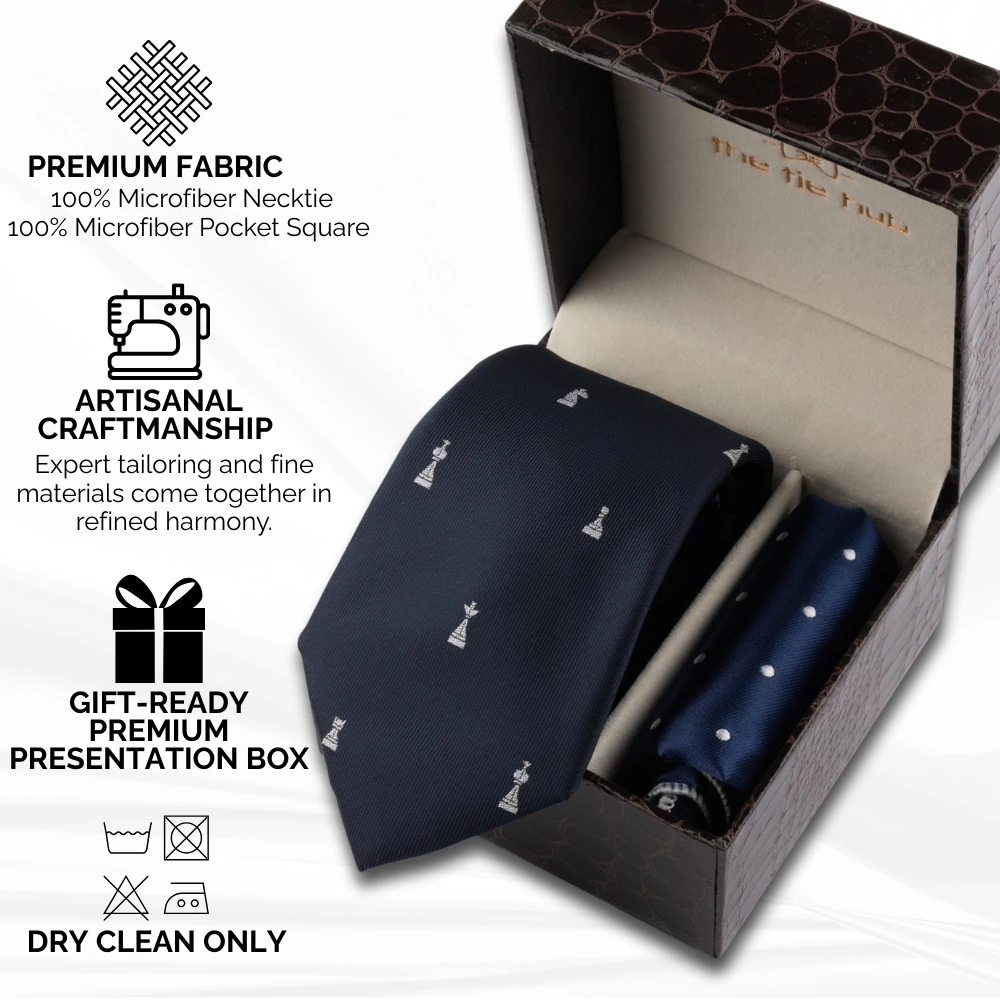 Blue Chess Necktie with Pocket Square Combo Set for Men