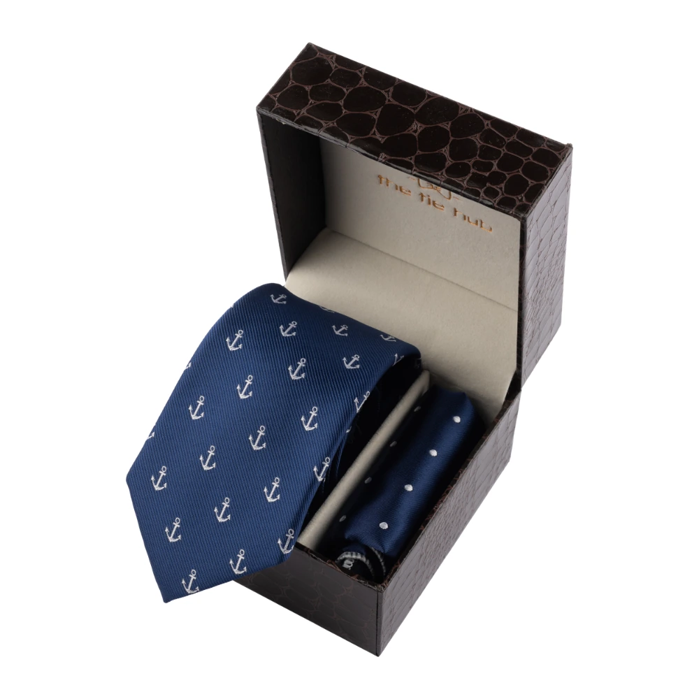 Blue Anchor Necktie with Pocket Square Combo Set for Men
