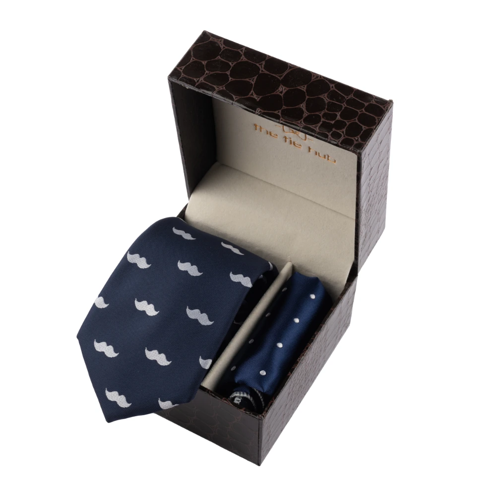 Blue Moustache Necktie with Pocket Square Combo Set for Men