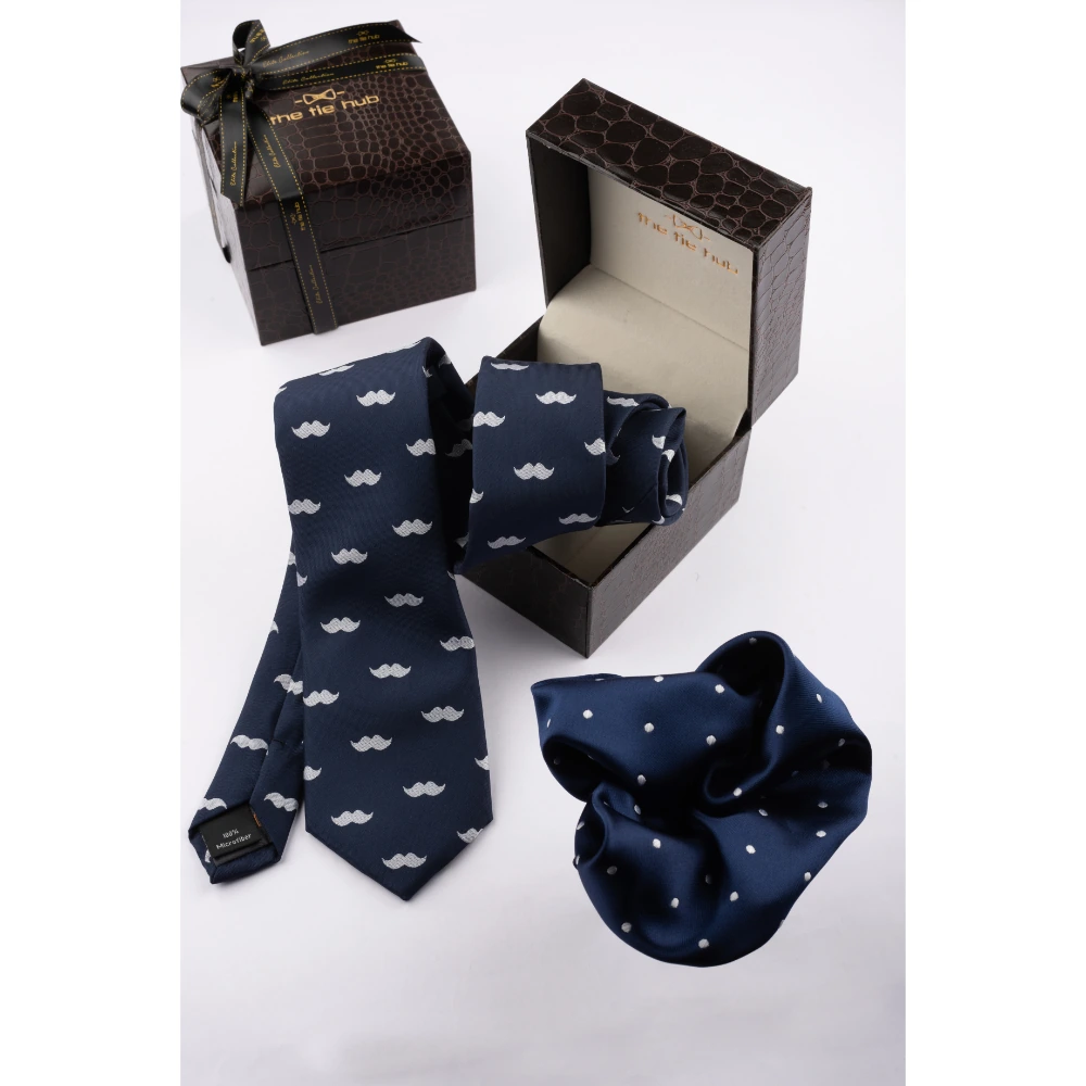 Blue Moustache Necktie with Pocket Square Combo Set for Men