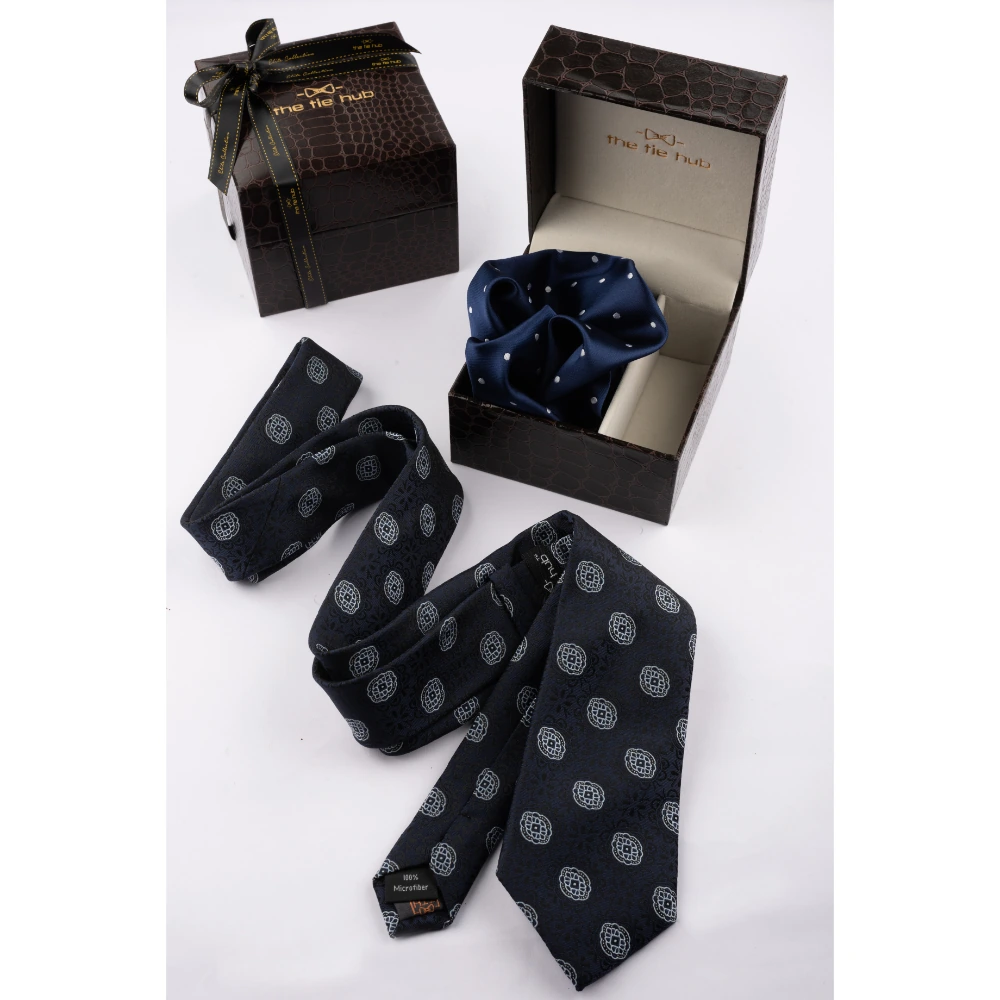 Blue Delisa Necktie with Pocket Square Combo Set for Men