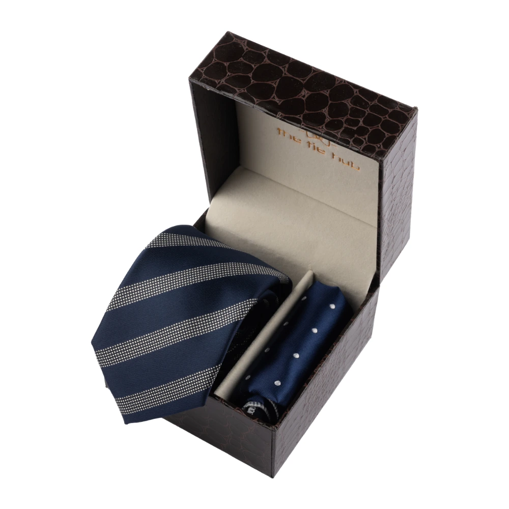 Blue Stripe Necktie with Pocket Square Combo Set for Men