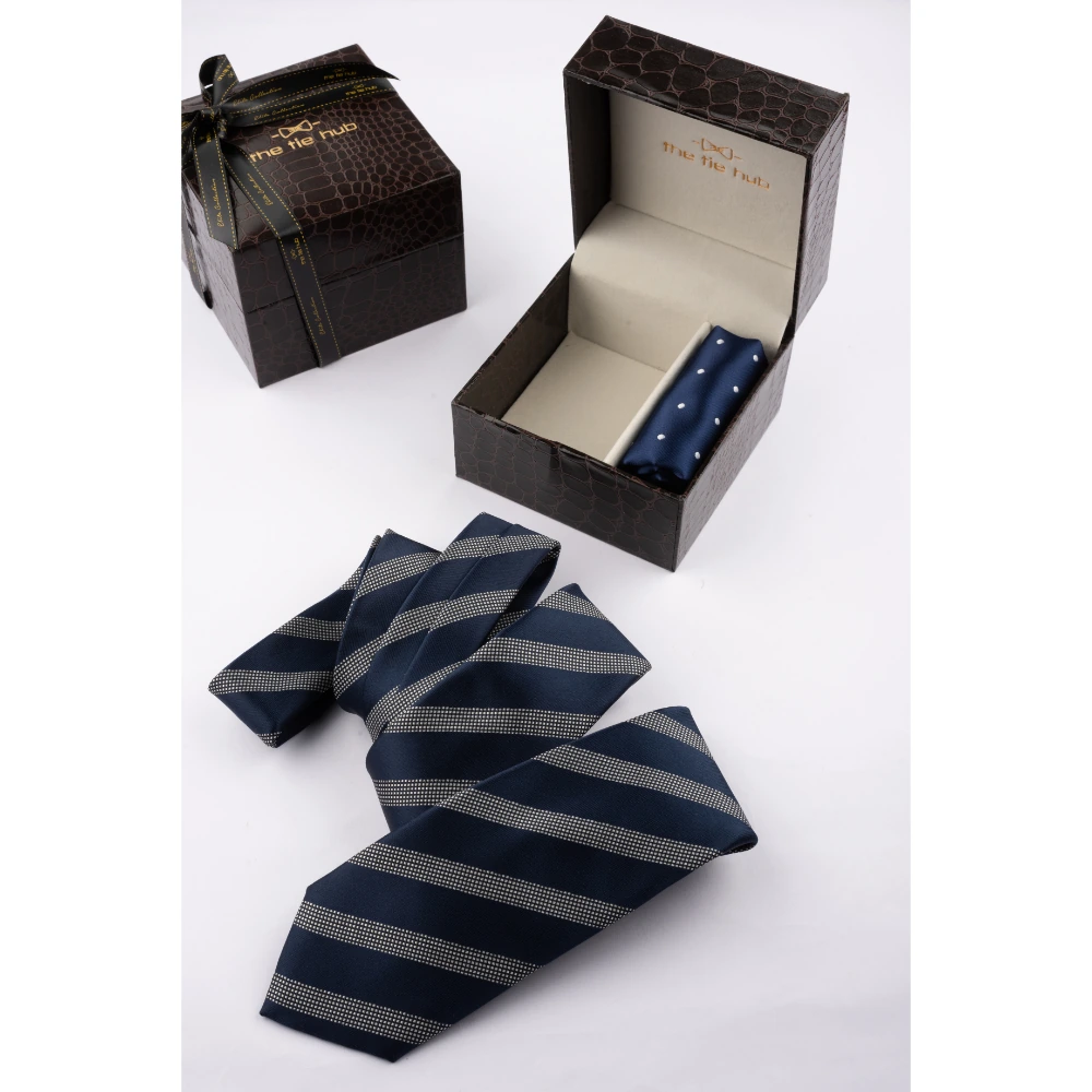 Blue Stripe Necktie with Pocket Square Combo Set for Men
