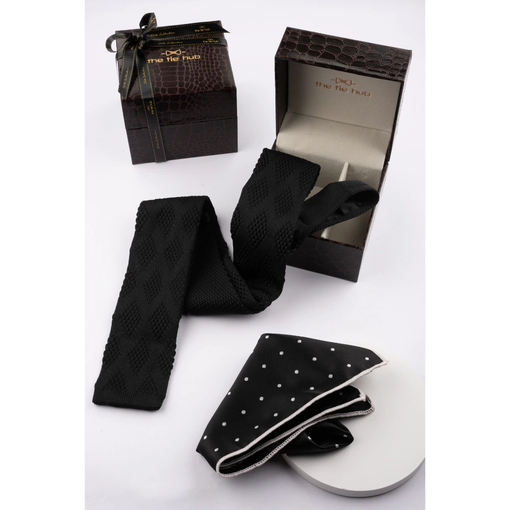 Black Revington Knitted Necktie with Pocket Square Combo Set for Men