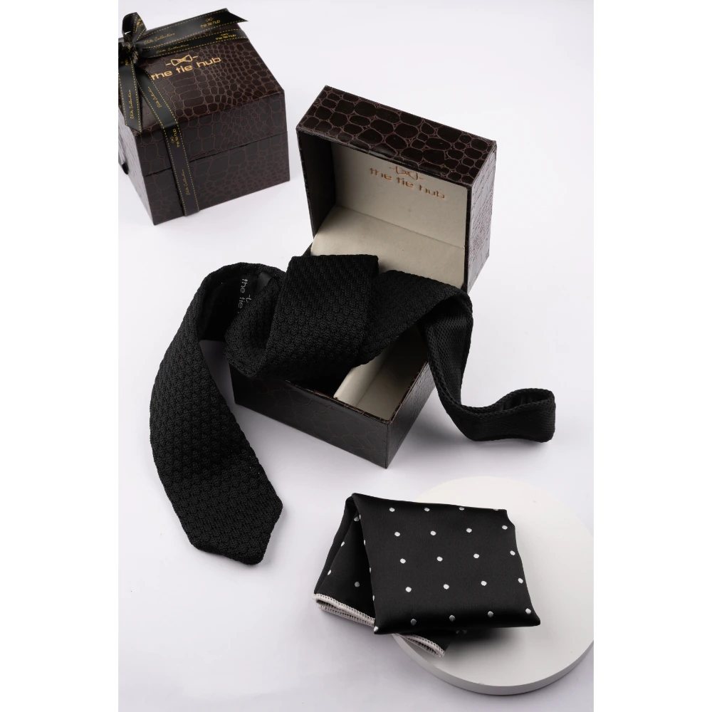 Black Knitted Necktie with Pocket Square Combo Set for Men
