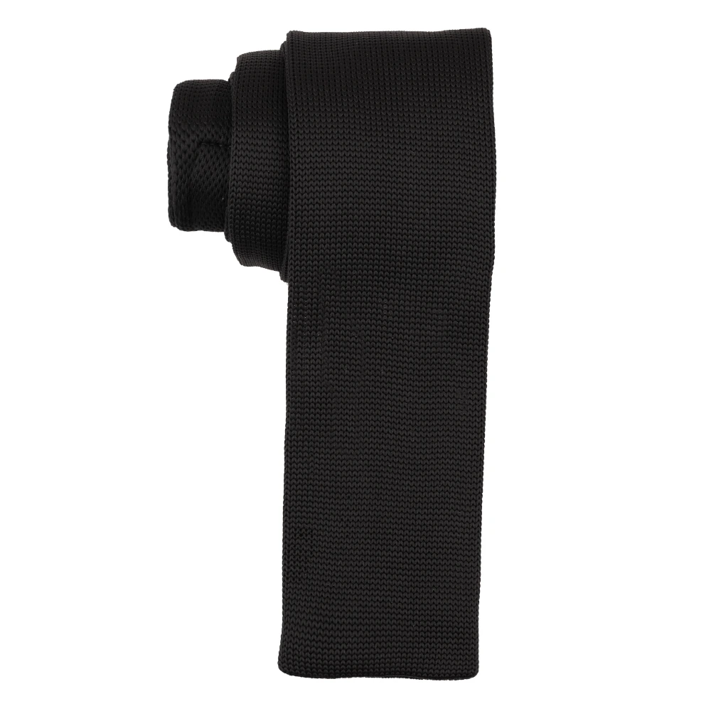 Black Solid Knitted Necktie with Pocket Square Combo Set for Men