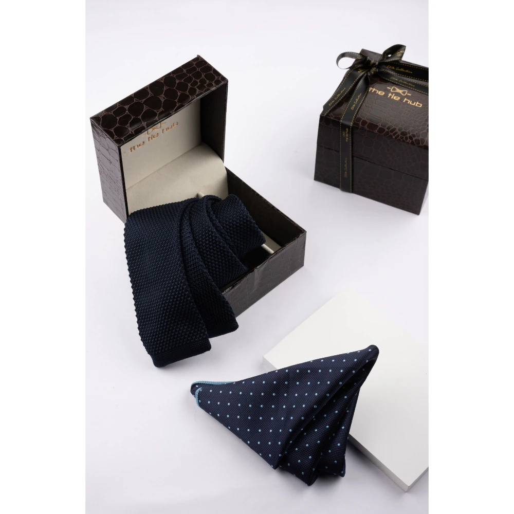 Blue Solid Knitted Necktie with Pocket Square Combo Set for Men
