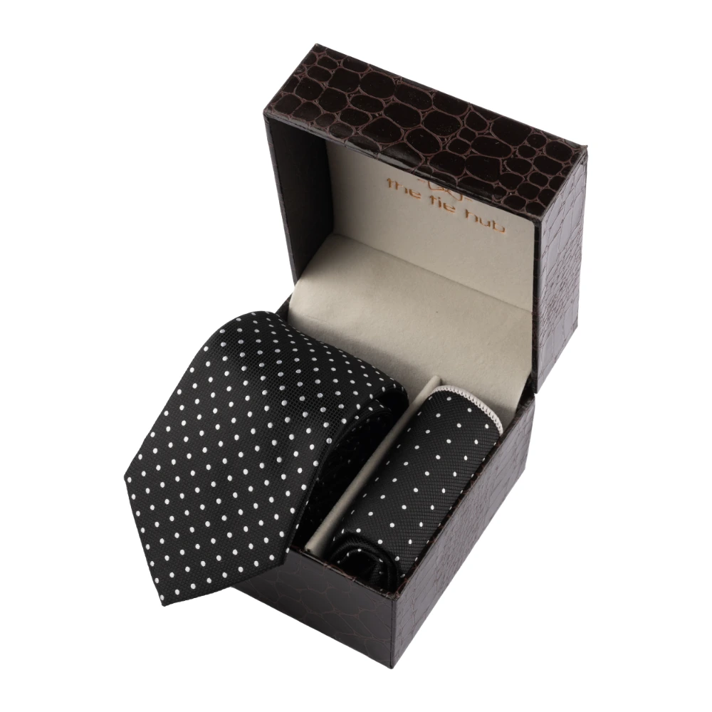 Black Polka Necktie with Pocket Square Combo Set for Men
