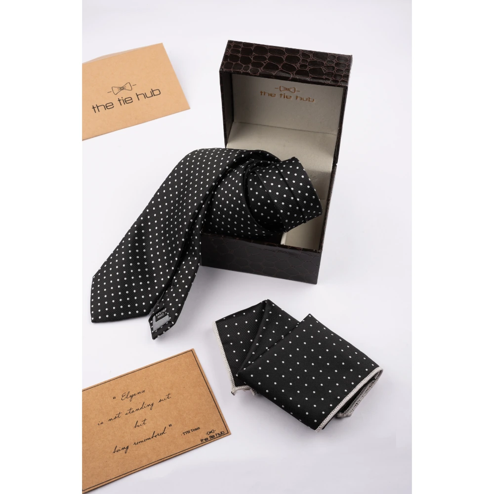 Black Polka Necktie with Pocket Square Combo Set for Men