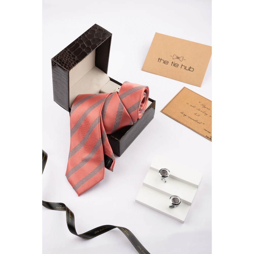 Peach Stripe Necktie with Cufflinks Combo Set for Men