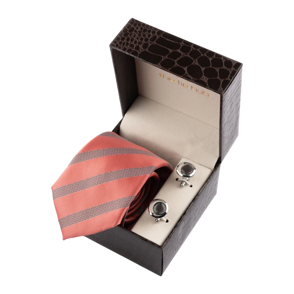Peach Stripe Necktie with Cufflinks Combo Set for Men