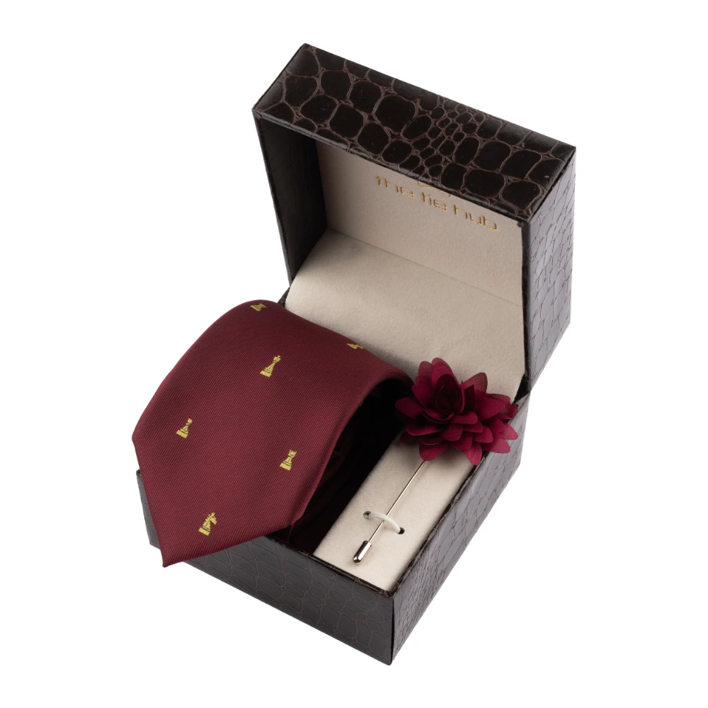 Burgundy Chess Necktie with Flower Lapel Pin Combo Set for Men