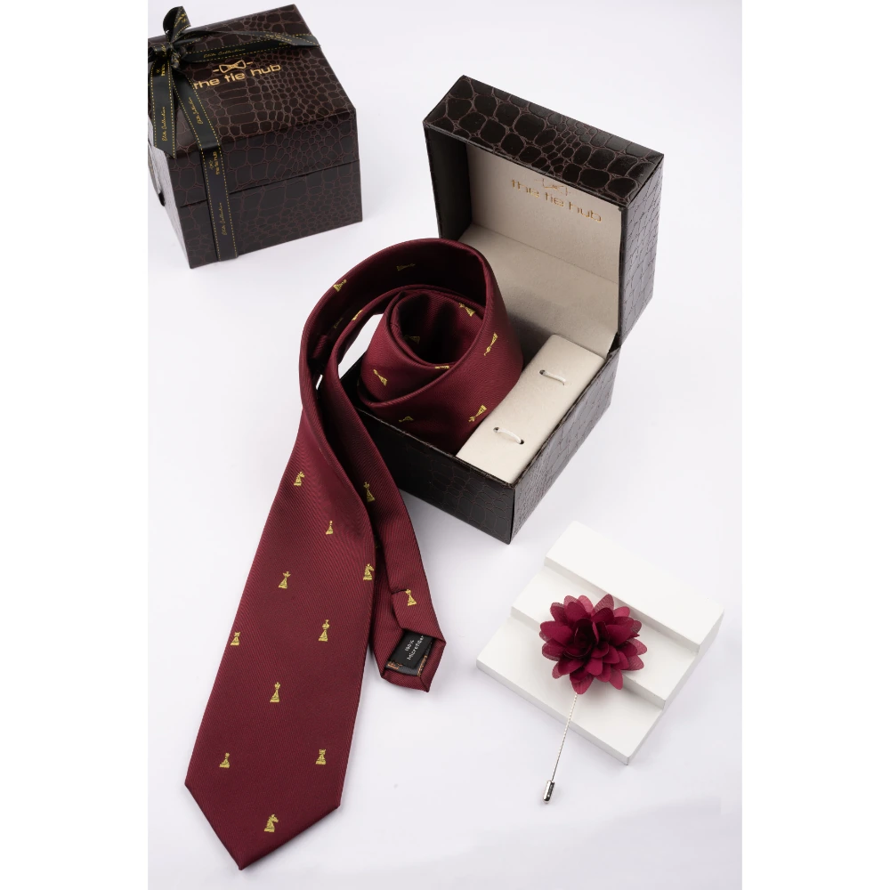 Burgundy Chess Necktie with Flower Lapel Pin Combo Set for Men