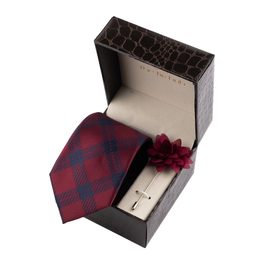 Burgundy Checks Necktie with Flower Lapel Pin Combo Set for Men