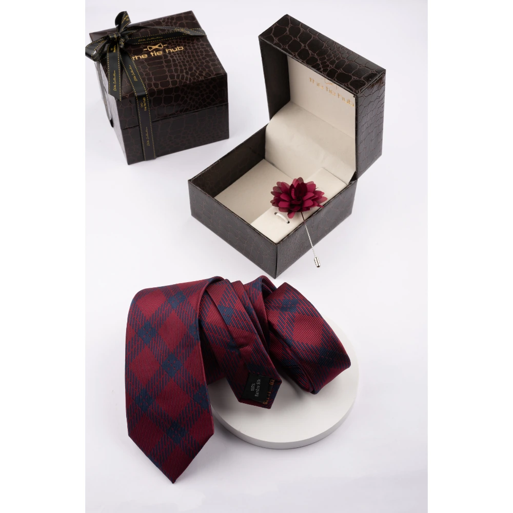Burgundy Checks Necktie with Flower Lapel Pin Combo Set for Men