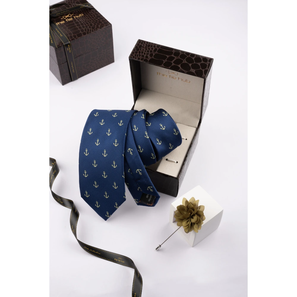 Blue Ancho Necktie with Flower Lapel Pin Combo Set for Men
