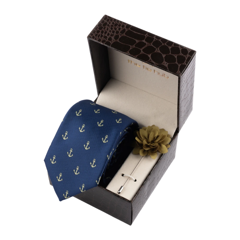 Blue Ancho Necktie with Flower Lapel Pin Combo Set for Men
