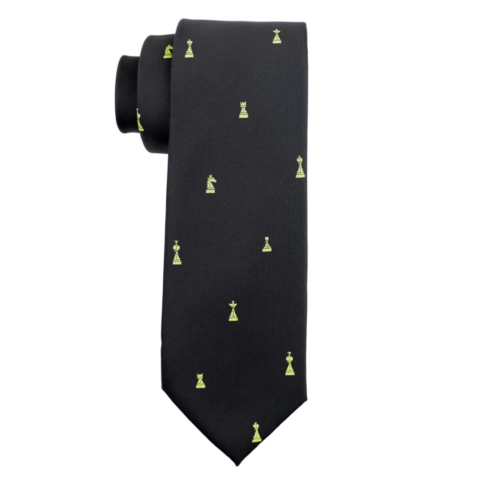 Black Chess Necktie with Flower Lapel Pin Combo Set for Men