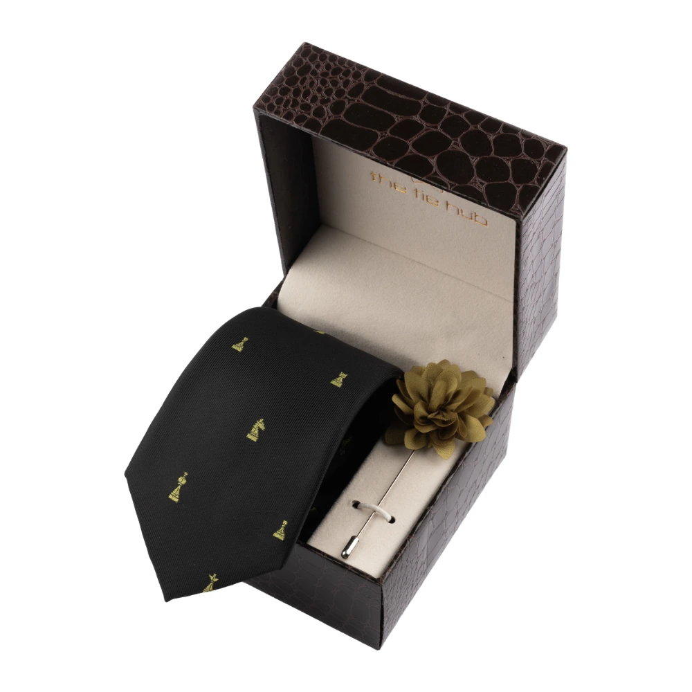 Black Chess Necktie with Flower Lapel Pin Combo Set for Men