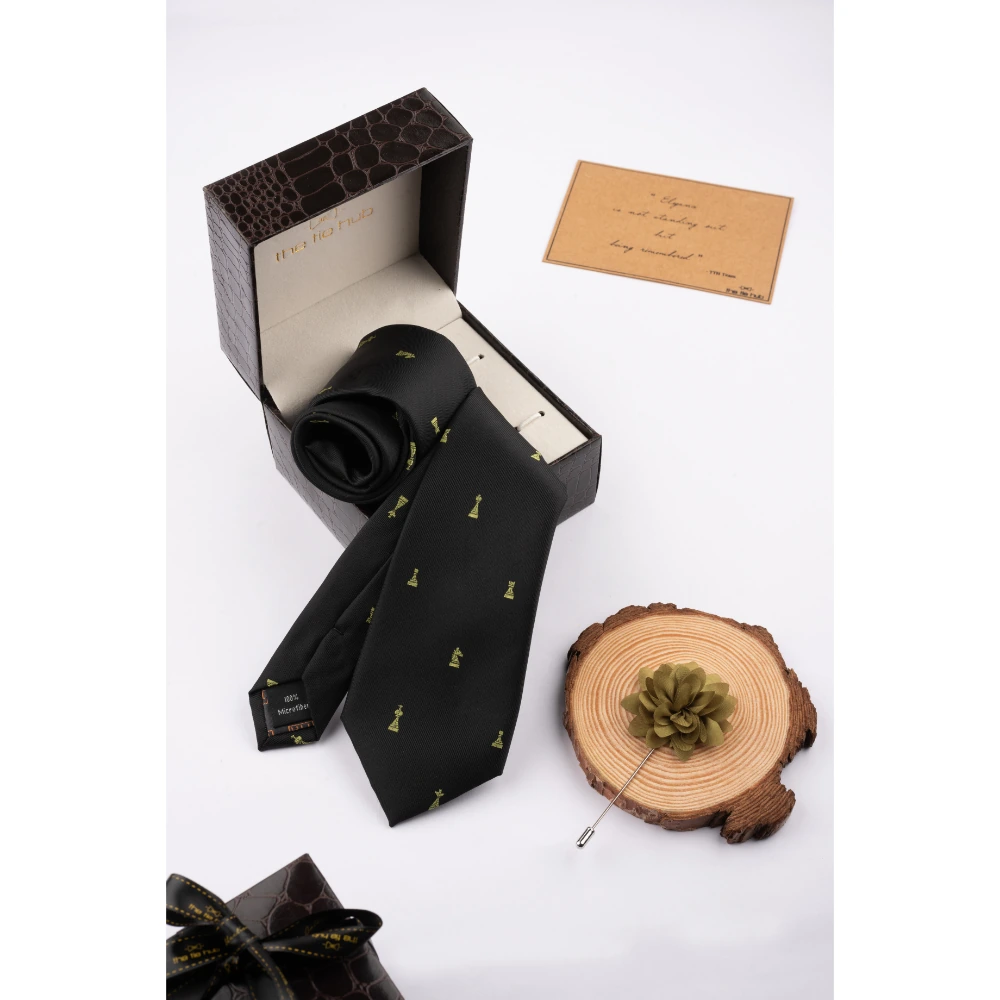 Black Chess Necktie with Flower Lapel Pin Combo Set for Men