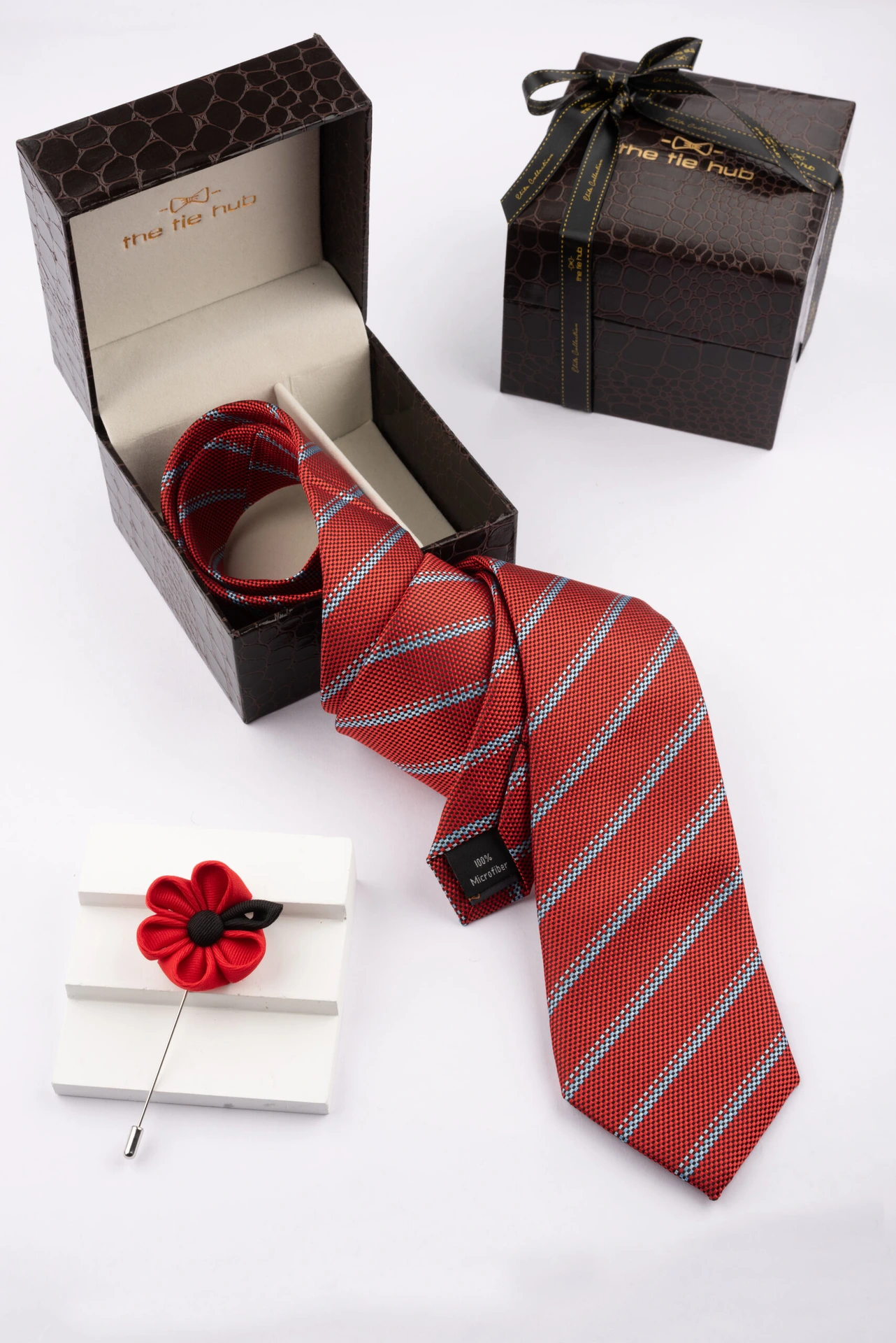 Red Stripe Necktie with Flower Lapel Pin Combo Set for Men